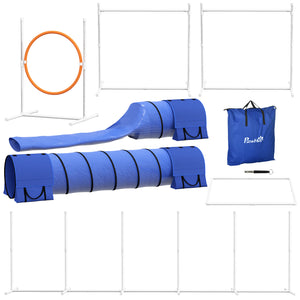 7 Pcs Dog Agility Kit w/ Tunnels, Weave Poles, Adjustable Hurdles, Jump Ring, Pause Box, Whistle, Carry Bag, Blue