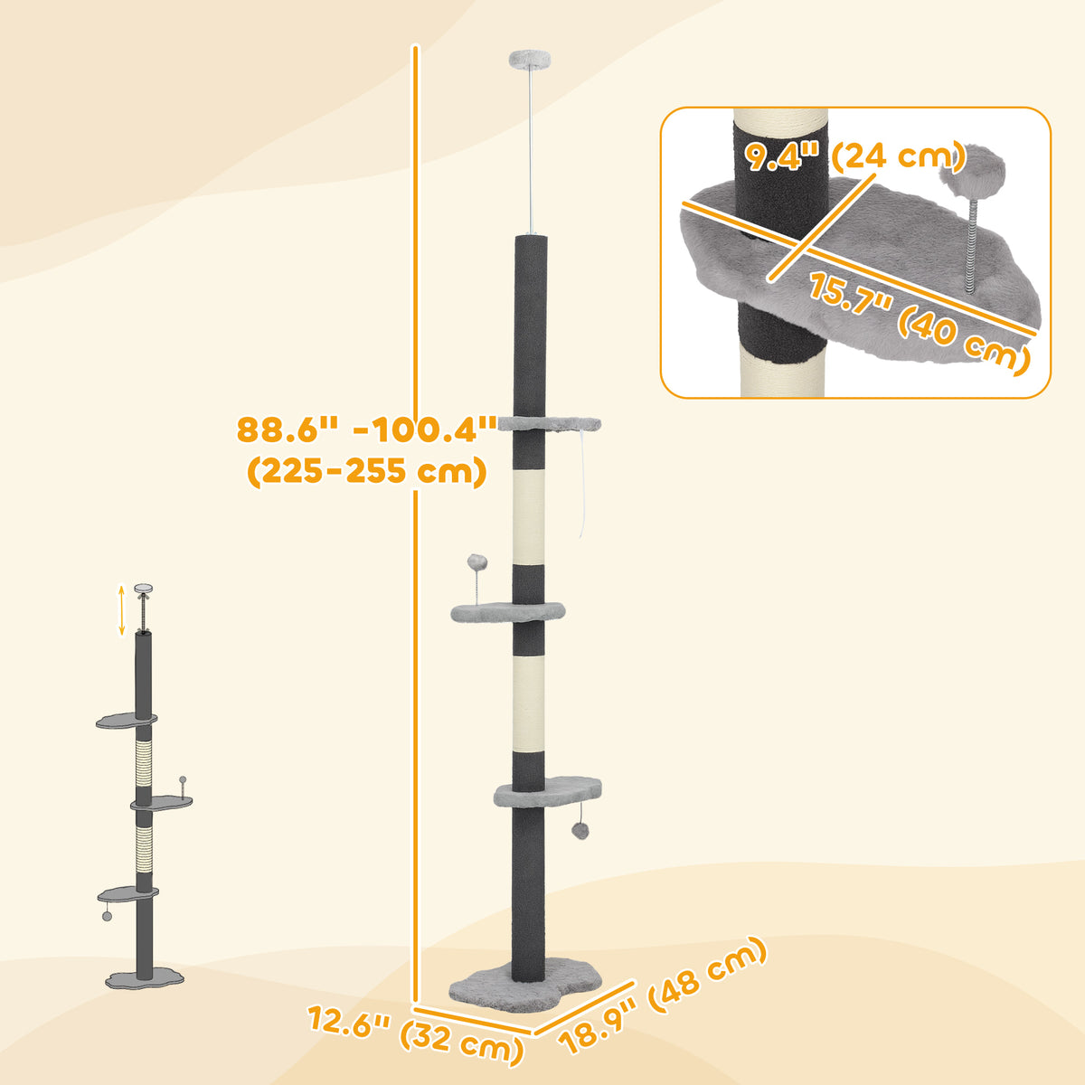 88.5"-100.5" Floor to Ceiling Cat Tree, Cat Tower with Scratching Posts, Cloud Shaped Platforms, Dangling Balls, Cream