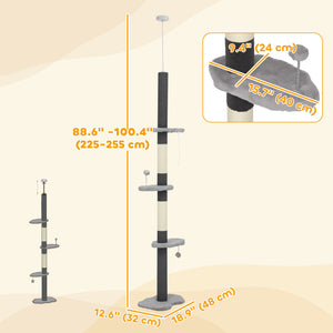 88.5"-100.5" Floor to Ceiling Cat Tree, Cat Tower with Scratching Posts, Cloud Shaped Platforms, Dangling Balls, Cream