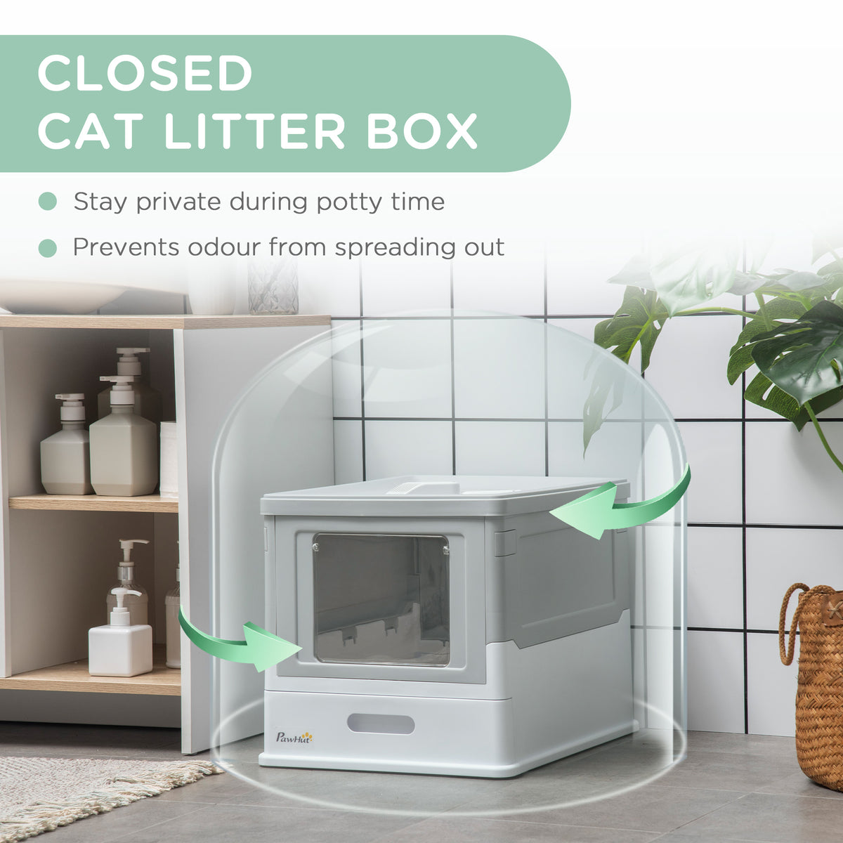 Top Entry Enclosed Kitty Litter Box with Scoop, Tray, Front Entry, Large Space, Foldable, Portable, Grey – view 6