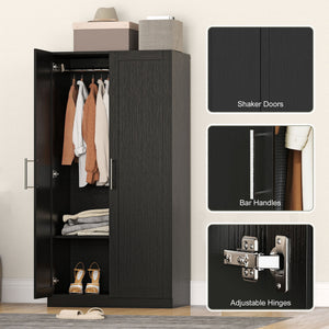 Wardrobe Cabinet with 2 Doors and Hanging Rod, Modern Armoire Wardrobe Closet for Bedroom, Black Wood Effect – view 6