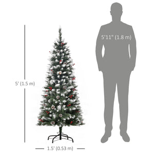 5ft Decorated Christmas Tree with Red Berries and Pine Cones, Flocked Christmas Tree with Pencil Shape – view 2