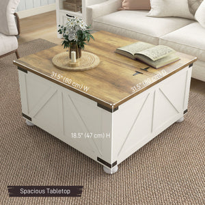 Farmhouse Coffee Table, Square Center Table with Flip-top Lids, Hidden Storage Compartment and Wooden Legs – view 16