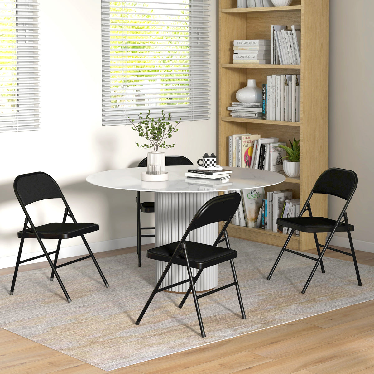 Set of 4 Metal Foldable Chairs, Faux Linen Padded Folding Chairs with Cushion Seat and Open Back for Indoor, Black