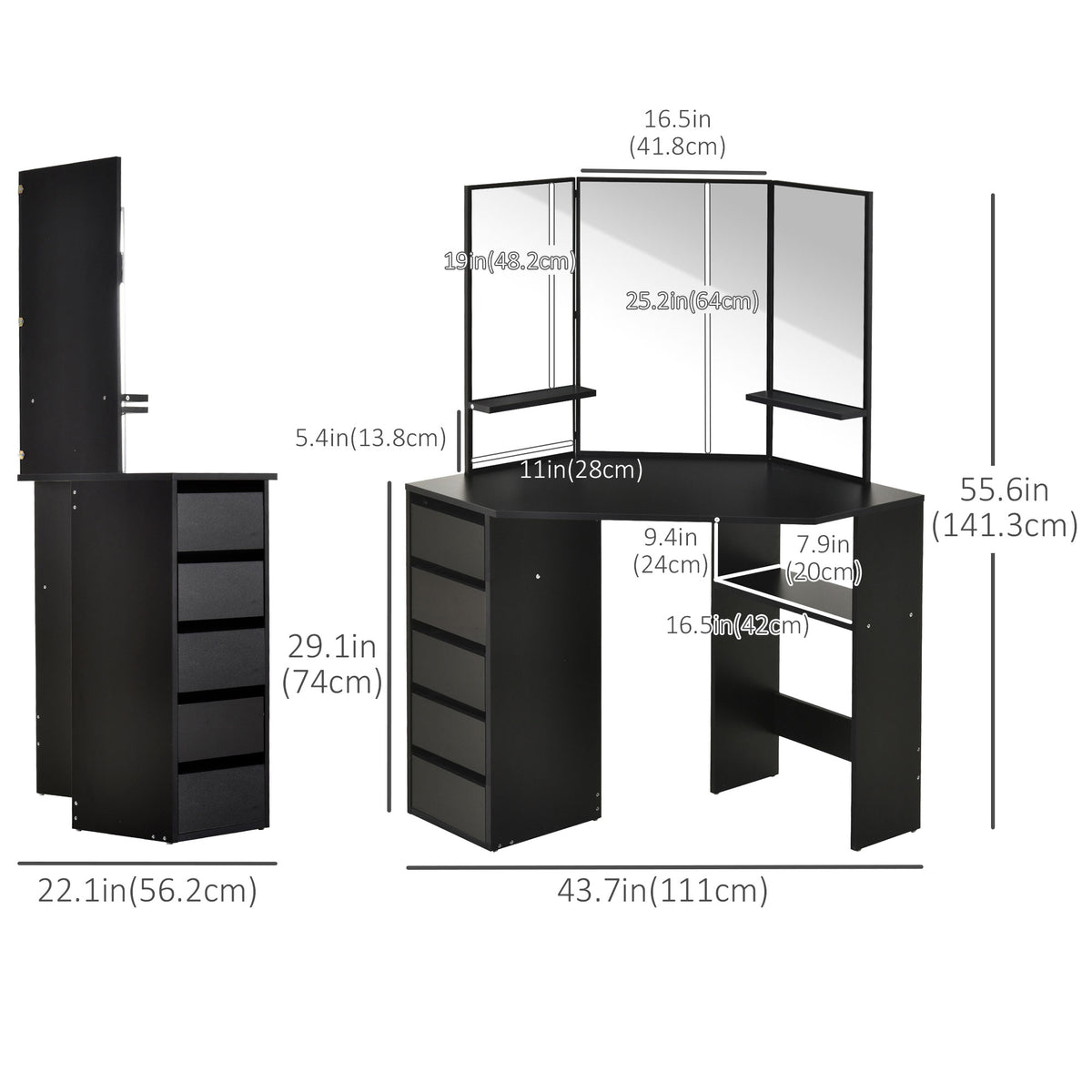 Corner Vanity Desk with Mirror, Makeup Vanity Table with 5 Drawers and Open Shelves – view 2