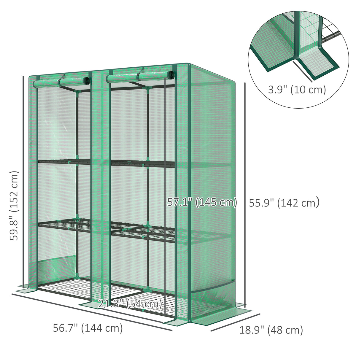 Mini Greenhouse with 3 Tier Shelves, 3 Roll-Up Doors for Indoor Outdoor, Green – view 9