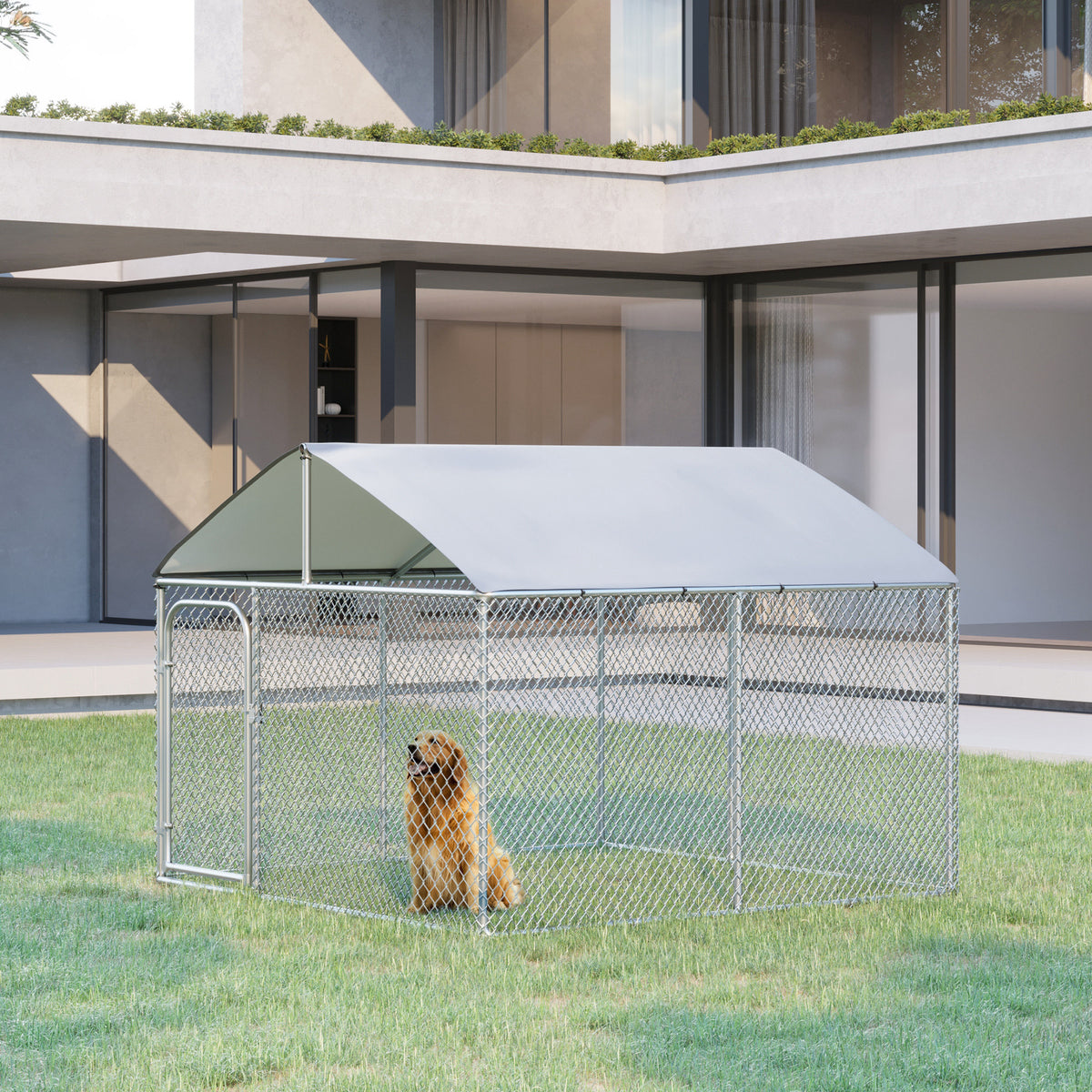 Outdoor Dog Kennel  with Roof, Dog Run with Waterproof & UV-Resistant Cover, Secure Lock, for Backyard & Patio, 7.5' x 7.5' x 5.7'