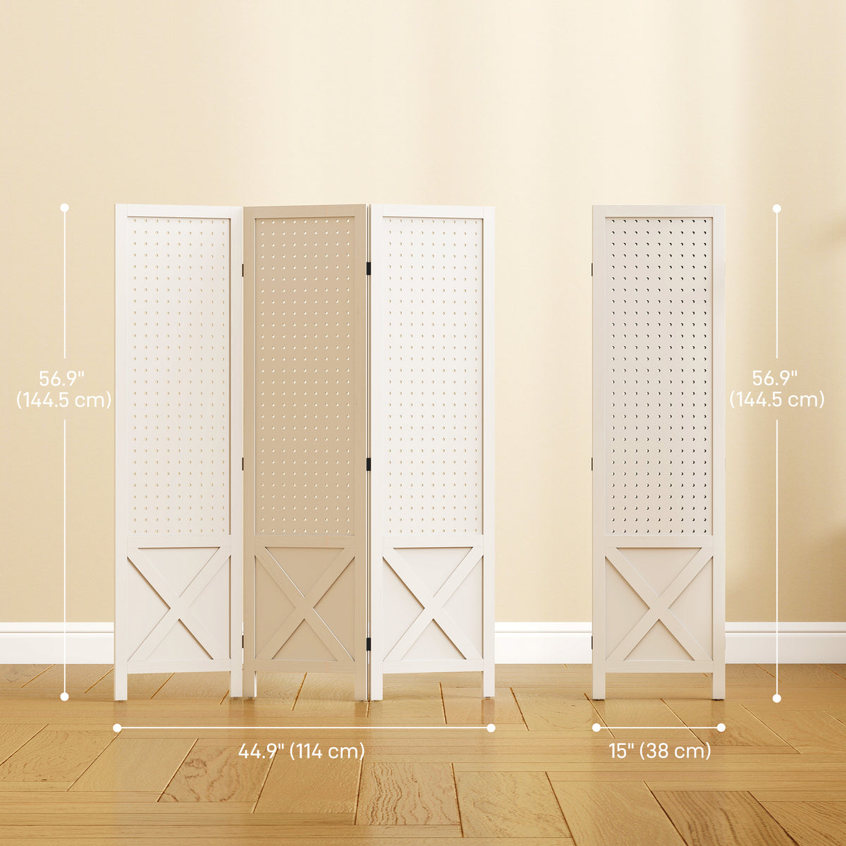 4.7' 3 Panel Wooden Room Divider with Pegboard Display, Folding Privacy Screen for Home Office, Natural – view 9
