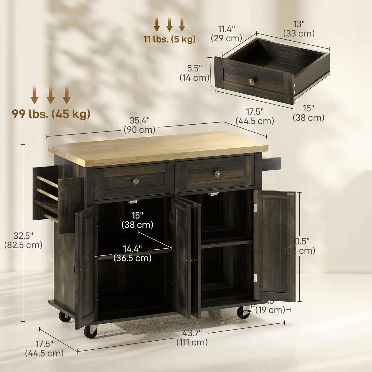 Kitchen Island with Storage, Rolling Trolley Cart with Rubber Wood Top, Spice Rack, Towel Rack, Brown Oak – view 2