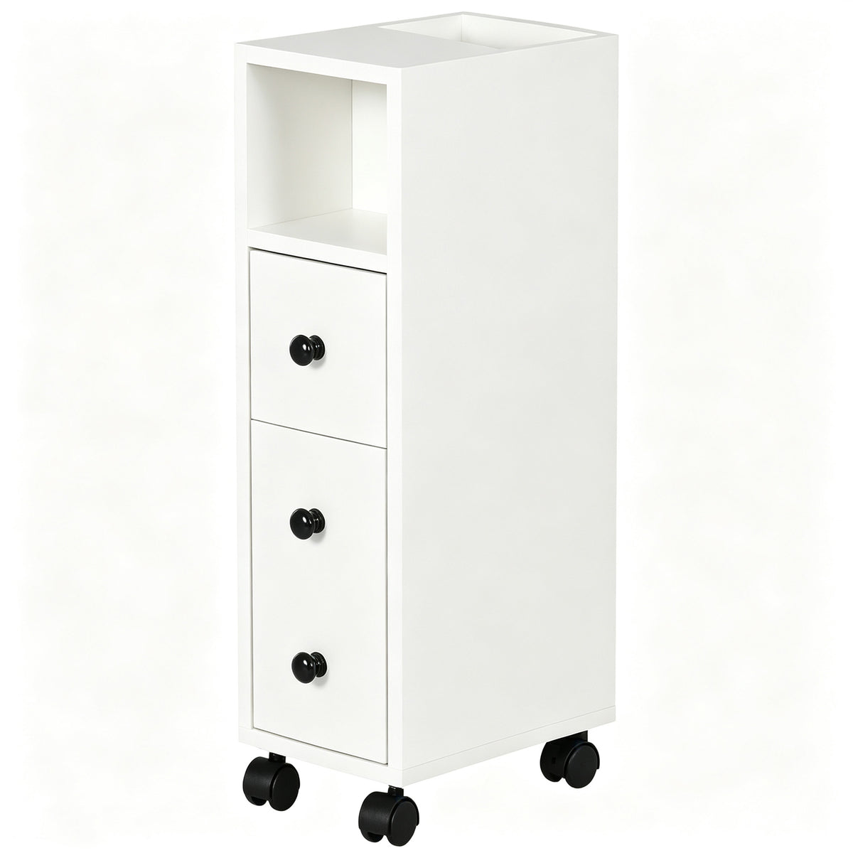 Slim Bathroom Cabinet with Wheels, Narrow Bathroom Storage Cabinet with Door, Drawer and 2 Open Compartments, White