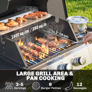 3 Burner Propane Gas Grill with Side Burner, 36,000 BTU BBQ Grill with Cast Iron Grates, Wheels, Warming Rack, Cabinet