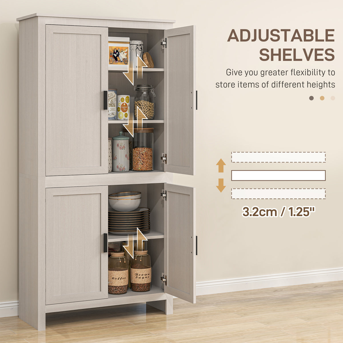 64" Kitchen Pantry Cabinet, Freestanding Storage Cabinet with 4 Doors, 3 Adjustable Shelves, Antique White