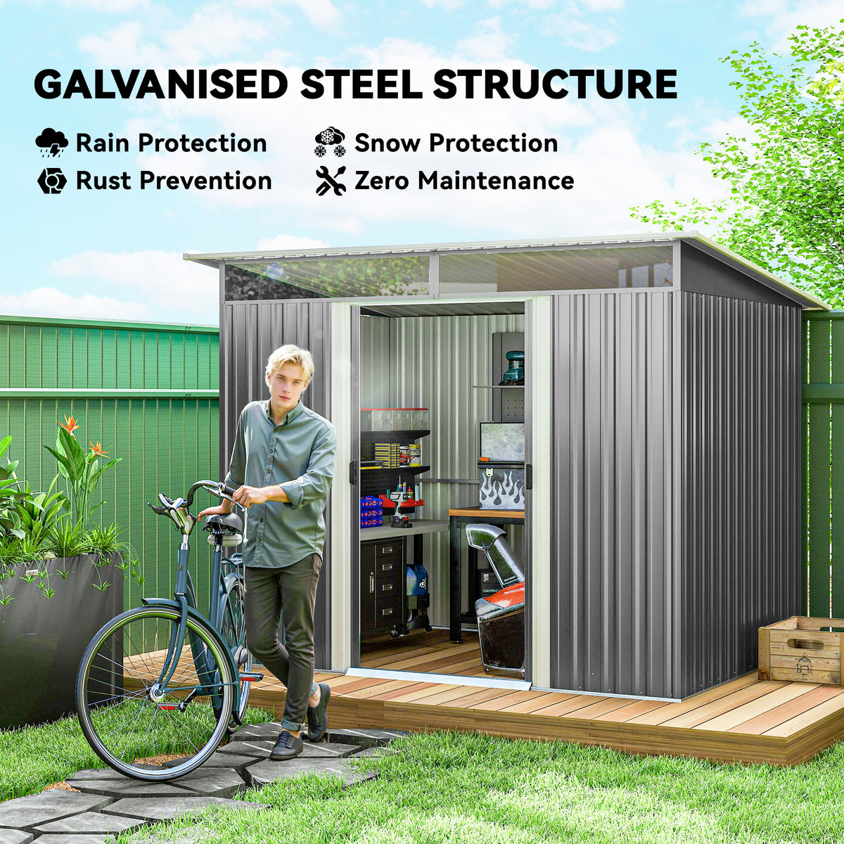 8.5' x 6' Small Gardening Shed Lockable Steel Utility Storage Outdoor Backyard Garden for Gardeners, Grey – view 3