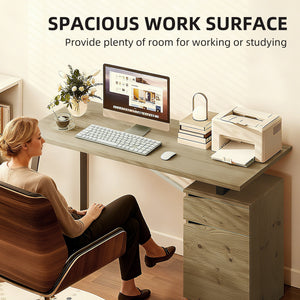 53 Inch Computer Desk, Writing Table with Cabinet, Drawer, Adjustable Shelf for Home Office Study, Natural Wood