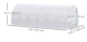 20'x10'x6.6' Tunnel Greenhouse with UV-Resistant Cover, Zippered Door and 12 Roll-up Windows, Outdoor Green House for Garden Plant, White