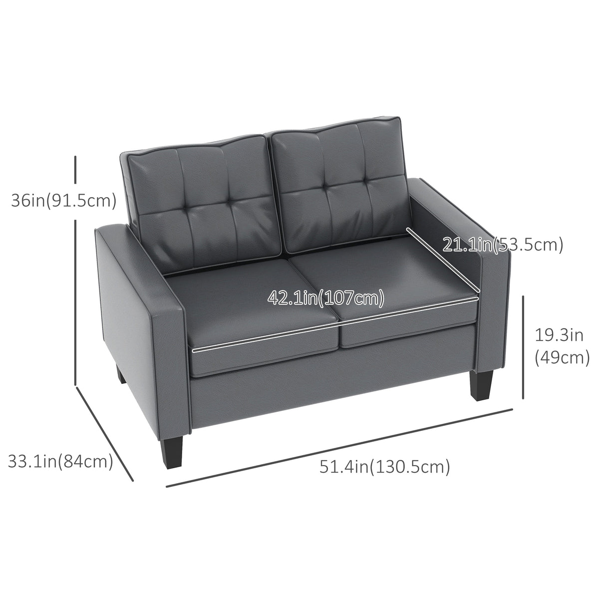 51" Double Sofa Couch, Upholstered PU Leather Loveseat with Armrests, Tufted Backrest, Cushion, Black – view 9