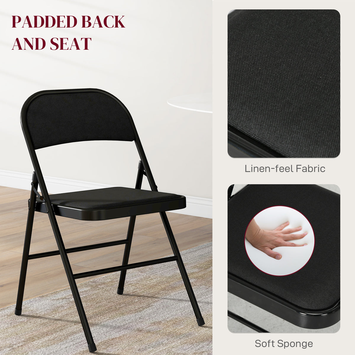 Set of 4 Metal Foldable Chairs, Faux Linen Padded Folding Chairs with Cushion Seat and Open Back for Indoor, Black