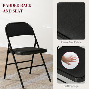 Set of 4 Metal Foldable Chairs, Faux Linen Padded Folding Chairs with Cushion Seat and Open Back for Indoor, Black