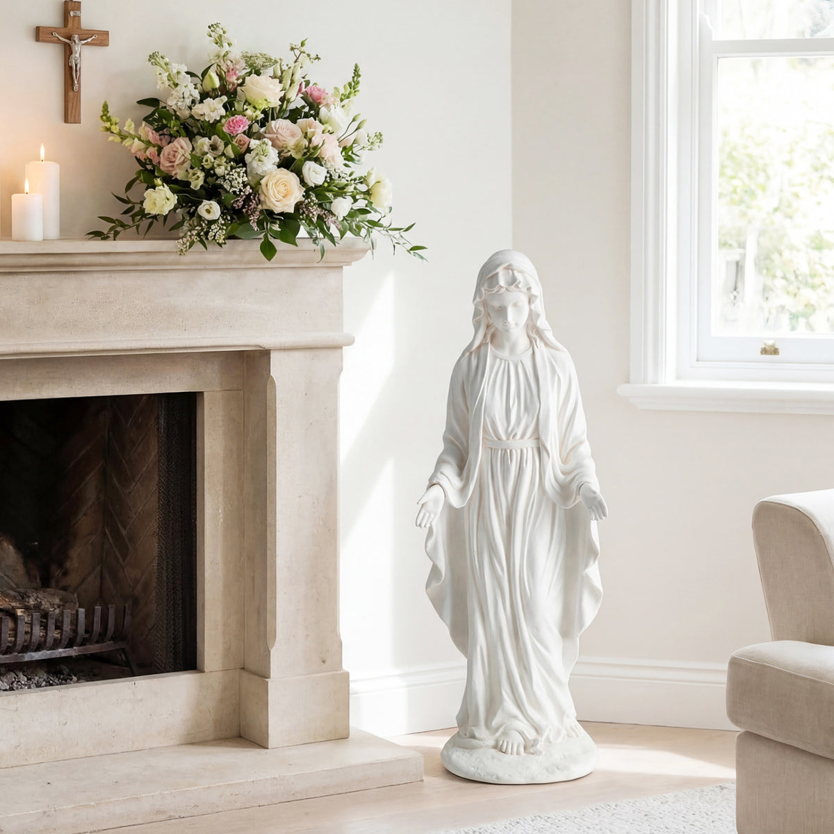 Virgin Mary Statue 29.5 inch Tall Outdoor Religious Sculpture with Aged Finish-White view 6