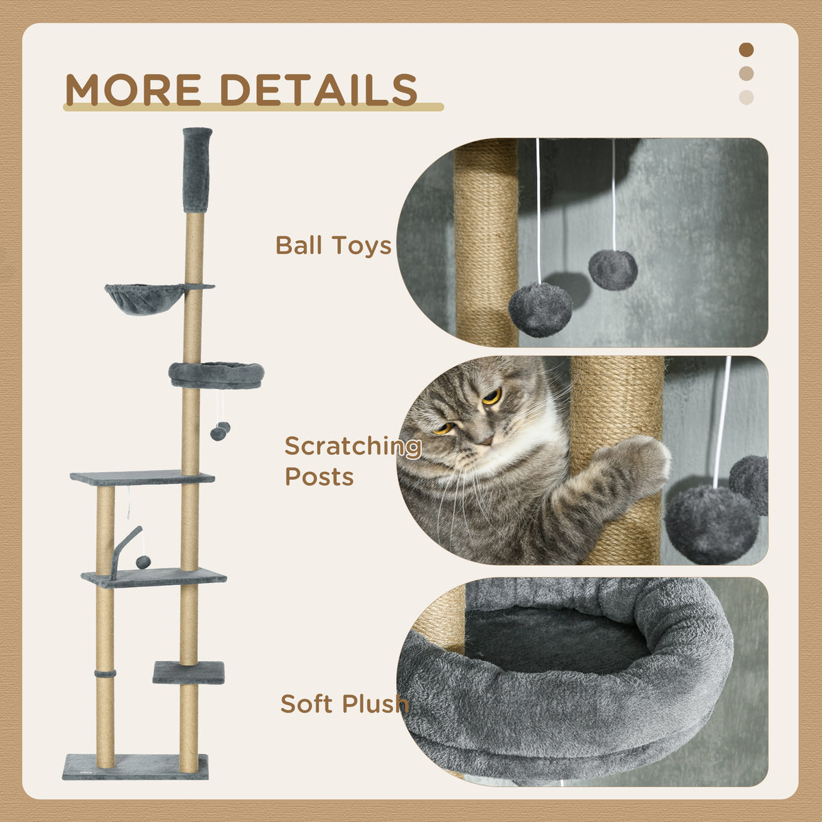 Floor to Ceiling Cat Tree, 90.5" - 98.5" Cat Tower with Scratching Post, Dangling Balls, Platforms, Bed, Hammock, Grey