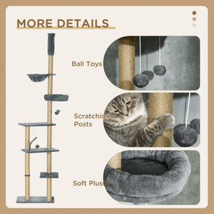 Floor to Ceiling Cat Tree, 90.5" - 98.5" Cat Tower with Scratching Post, Dangling Balls, Platforms, Bed, Hammock, Grey
