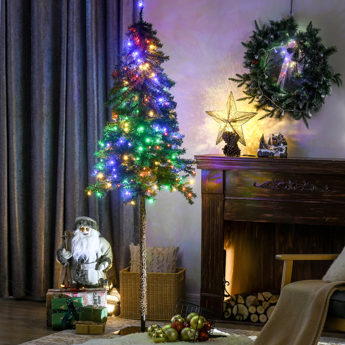 6' Artificial Christmas Tree with Warm White or Colourful LED Lights, Pencil Shape, Steel Base