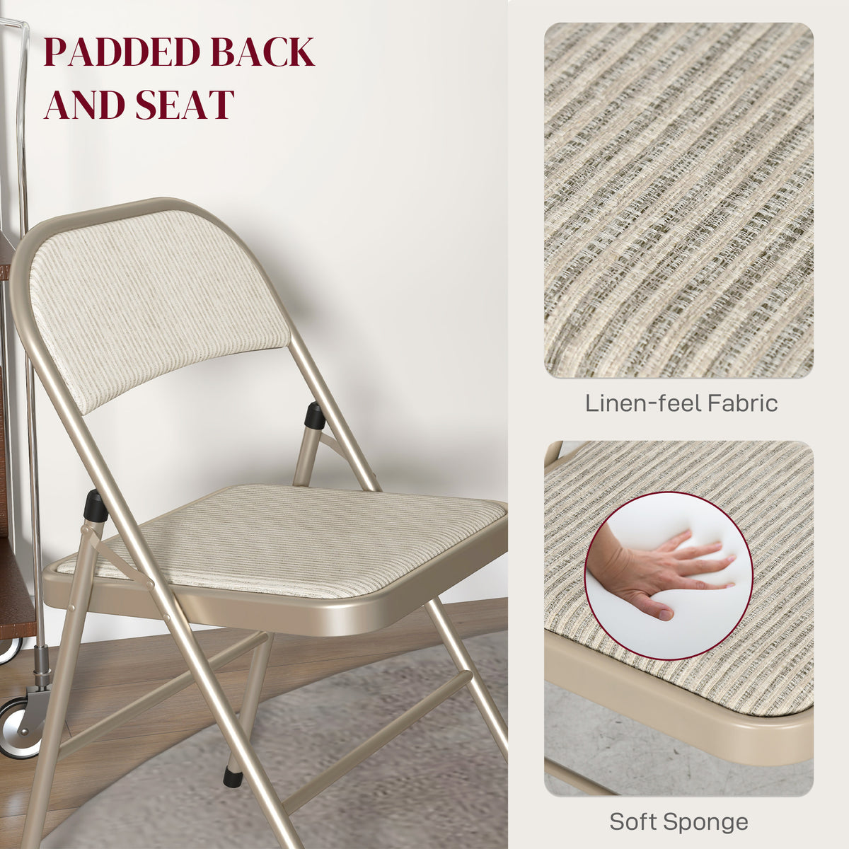 Set of 4 Metal Foldable Chairs, Linen Fabric Padded Folding Chairs with Cushion Seat and Open Back for Indoor, Beige