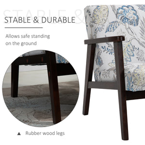 Mid-Century Modern Accent Chair Retro Fabric Armchair Wooden Arm Upholstered Lounge Chair for Living Room Floral