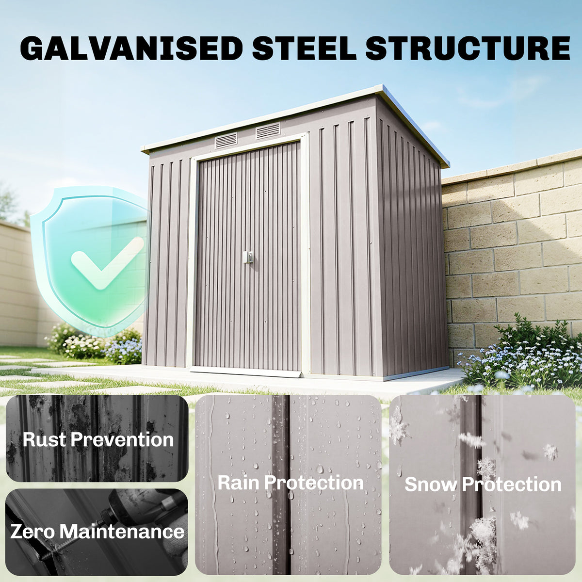 7' x 4' Galvanised Steel Garden Shed, with Foundation Kit - Green – view 17