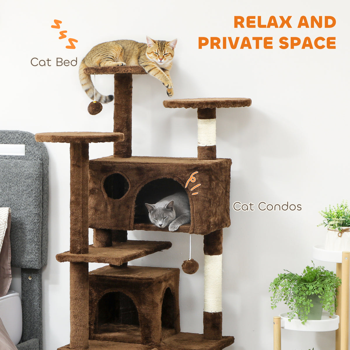 54" Cat Tree, Multi-Level Cat Tower with Scratching Posts, Cat Condos, Bed, Platforms, Ramp, Toy Ball, Beige – view 39