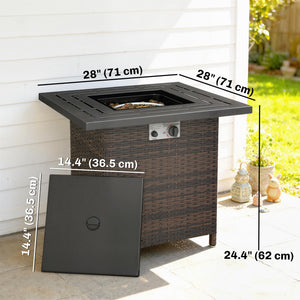 Propane Fire Pit Table, 28 Inch 40,000 BTU Square Rattan Fire Table with Lava Rock, Pulse-Ignition Wicker Gas Fire Pit