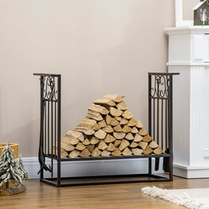 29.5" x 11.75" x 23.5" Heavy Duty Firewood Wood Log Rack Vintage Design Firewood Storage Shelf w/ 4 Tools, Black