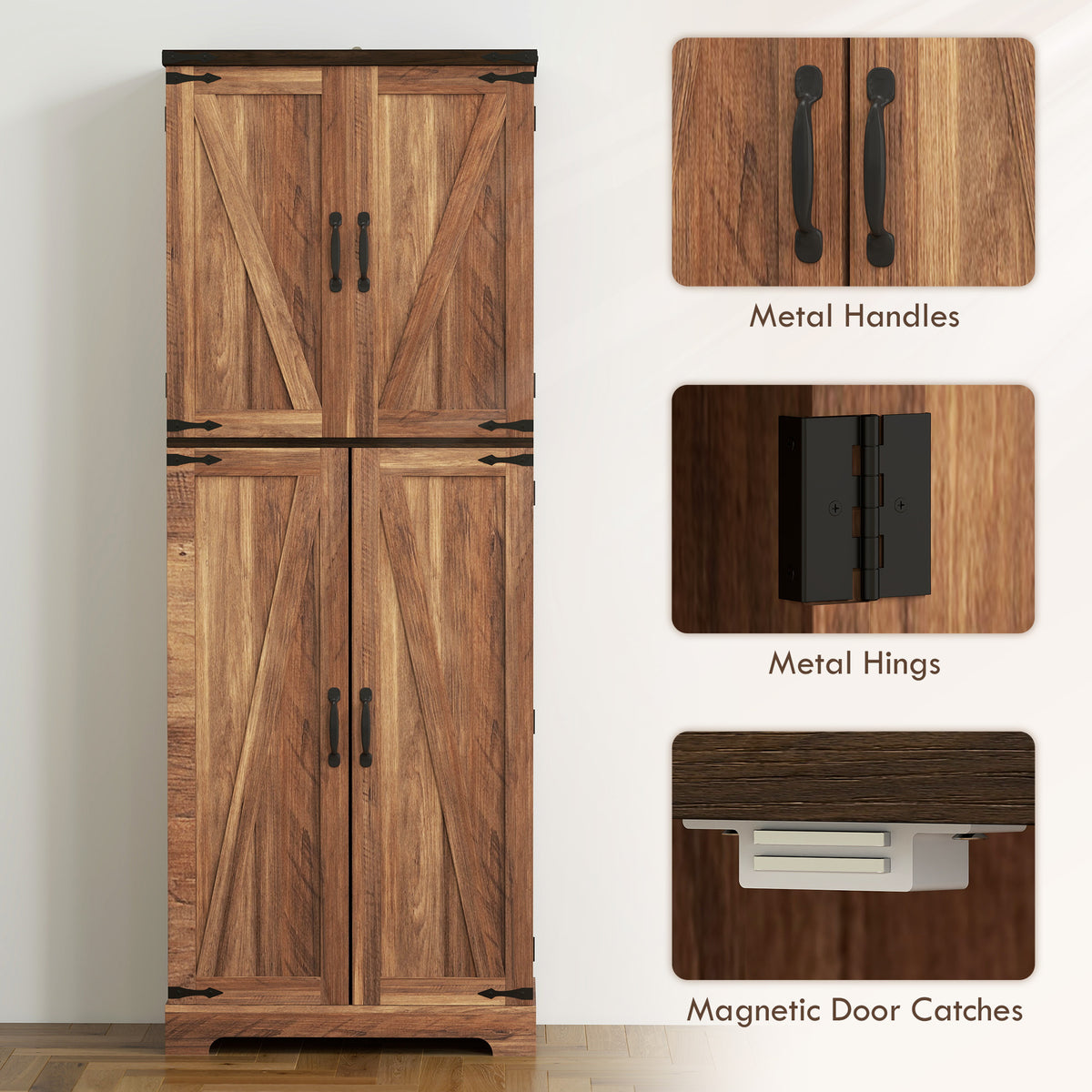 64" Tall Kitchen Pantry Cabinet with Spice Racks and Adjustable Shelves, Black Wood Grain