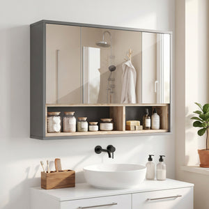 Wall Mounted Bathroom Medicine Cabinet with Mirror and Shelves, Grey