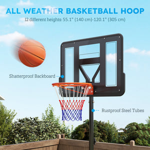 Soozier Basketball Hoop Outdoor, 4.6-10ft Portable Basketball Goal with Wheels and 43" Backboard, for Teenagers Youth Adults