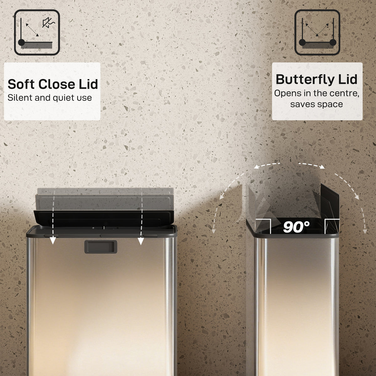 Dual Trash Can with Soft-Close Lid, Garbage Can with Removable Inner Bucket for Kitchen 2 x 7.4 Gal (2 x 28 L), Silver