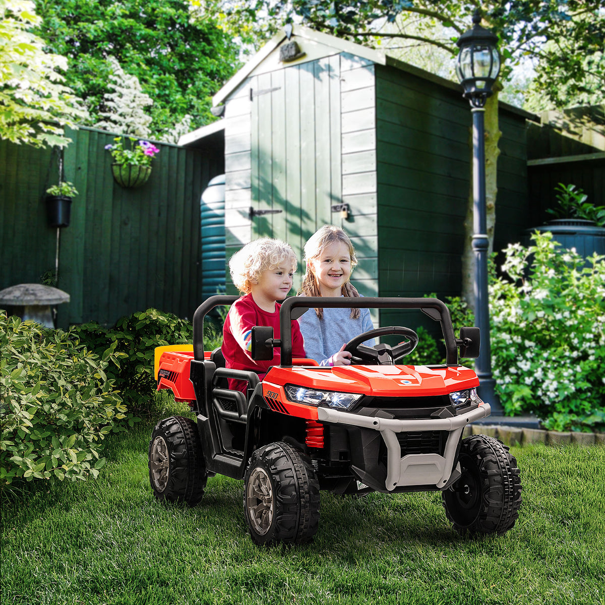 Aosom 12V Ride on Car with Electric Bucket, Two-Seater, Shovel, Remote Control, Spring Suspension, Horn, Music