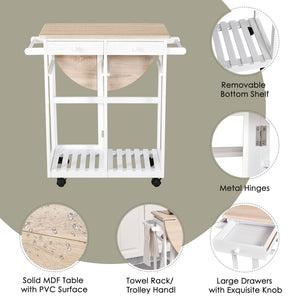 Kitchen Trolley 3 Piece Kitchen Cart Set Drop Leaf Breakfast Table and 2 Stools w/ Rolling Wheels & Towel Bars, Wood & White