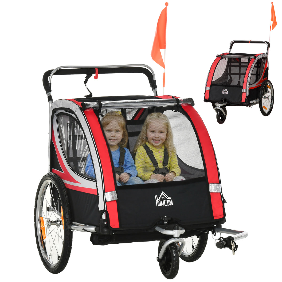 Aosom 2 Seat Bike Trailer for Kids 2-in-1 Double Baby Stroller with Handbrake, Rubber Wheels, 5 Point Harness, Waterproof Cover, Storage Bag, Reflectors