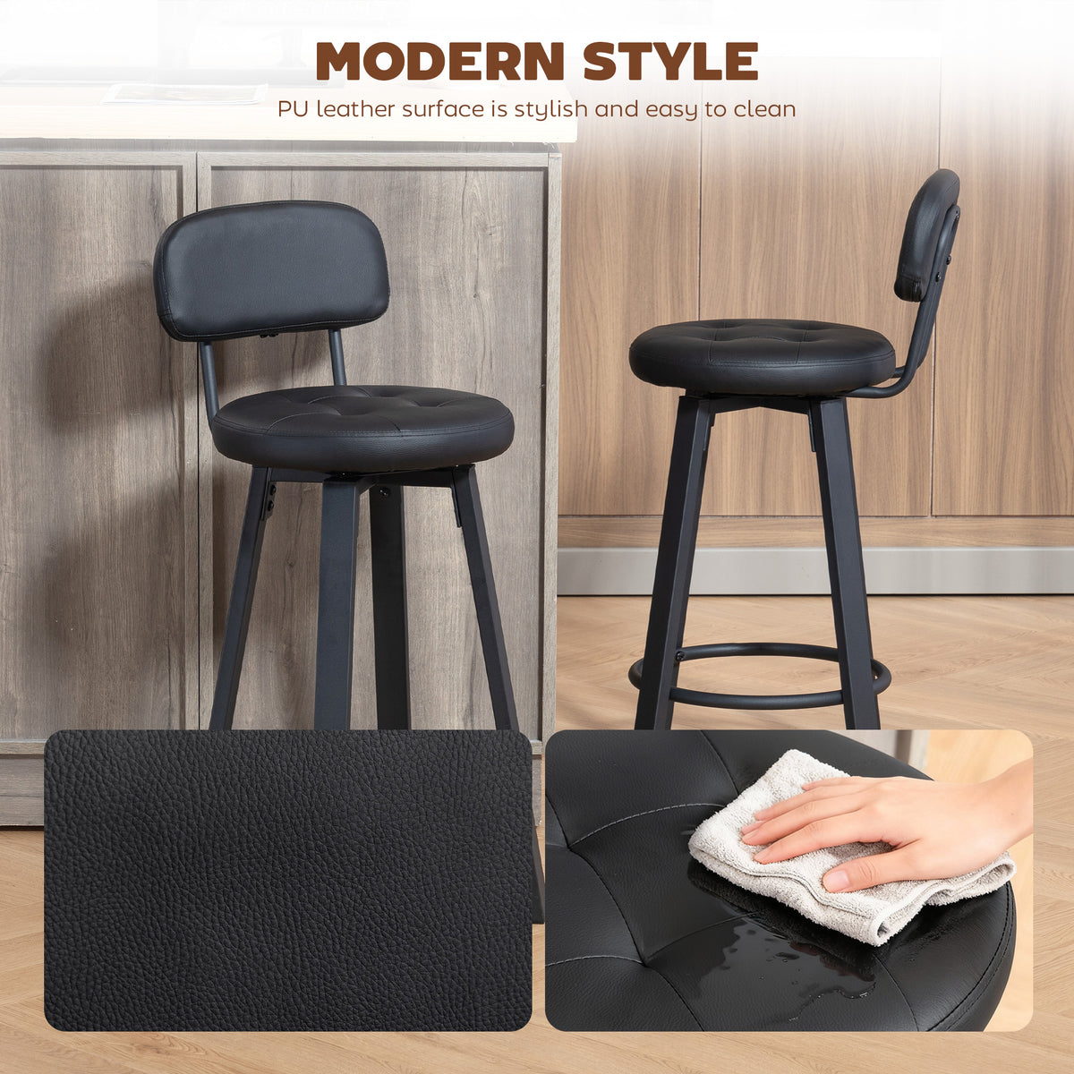 Bar Stools Set of 2, Upholstered Breakfast Bar Chairs with Footrest and Backrest for Kitchen Counter, Black