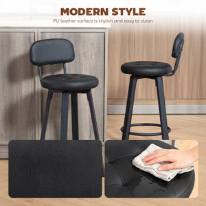 Bar Stools Set of 2, Upholstered Breakfast Bar Chairs with Footrest and Backrest for Kitchen Counter, Black