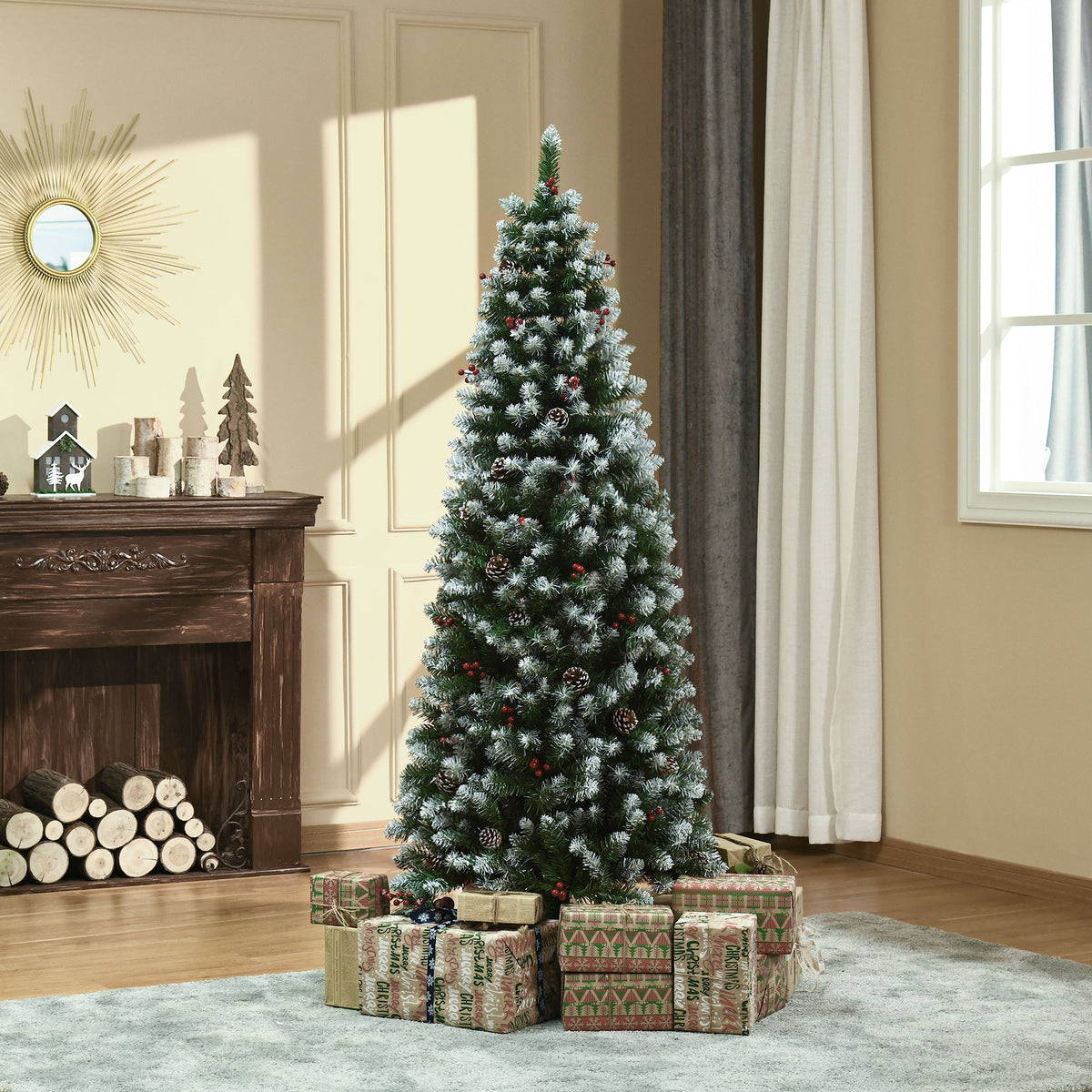 5ft Decorated Christmas Tree with Red Berries and Pine Cones, Flocked Christmas Tree with Pencil Shape – view 14