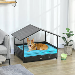 Rattan Dog House with Canopy, Wicker Dog Bed with Water-Resistant Cushion, for Small and Medium Breeds Blue – view 7