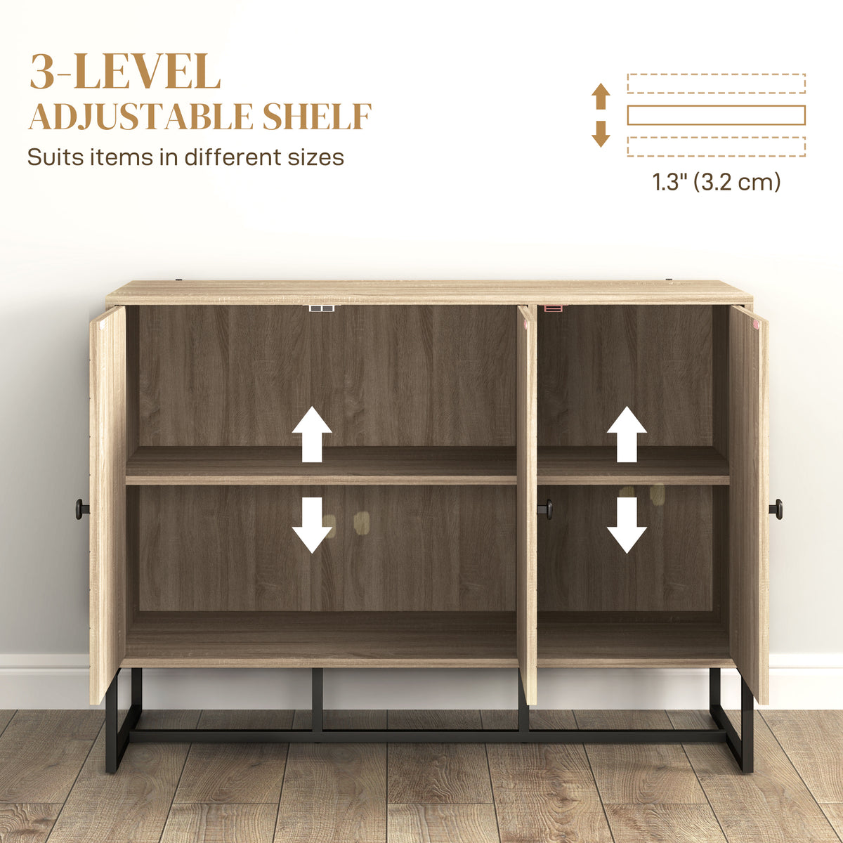 Modern Sideboard, Buffet Cabinet with Adjustable Shelves, 3 Chevron Doors for Living Room, Hallway, Oak Wood Grain