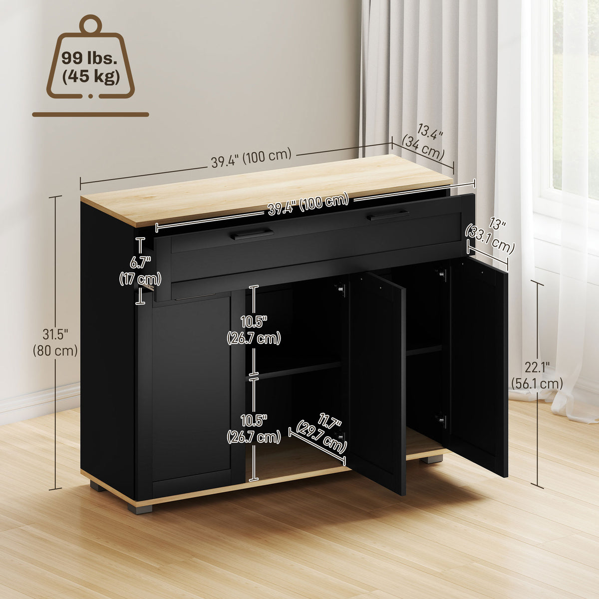 Sideboard Buffet Cabinet, Modern 40" Coffee Bar Cabinet with Wide Drawer, 3 Doors and 2 Adjustable Shelves – view 2