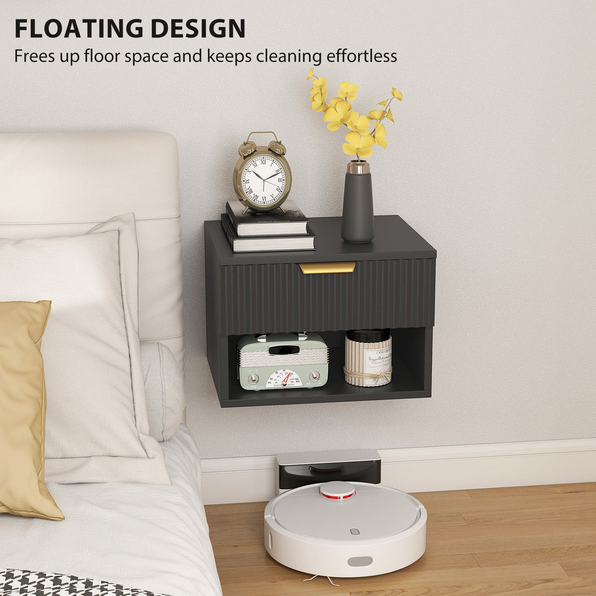 Floating Nightstands, Wall Mounted Bedside Tables Set of 2 with Drawer and Open Shelf, Black – view 5
