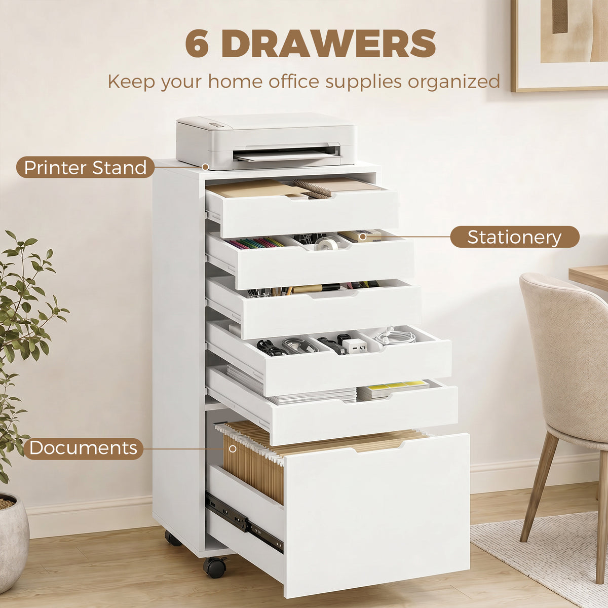 File Cabinet on Wheels Mobile Printer Stand with 6 Drawers for Home Office White