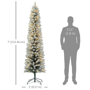 5ft Artificial Prelit Christmas Tree with Warm White LED Light, Snow Flocked Branches, Metal Base, Pencil Xmas Tree