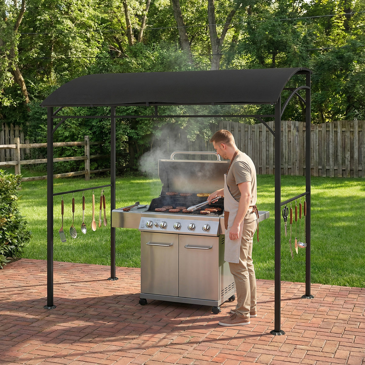 7' x 5' BBQ Grill Gazebo Tent, Garden Grill Canopy with Steel Frame and Hooks, Outdoor Sun Shade, Grey – view 28