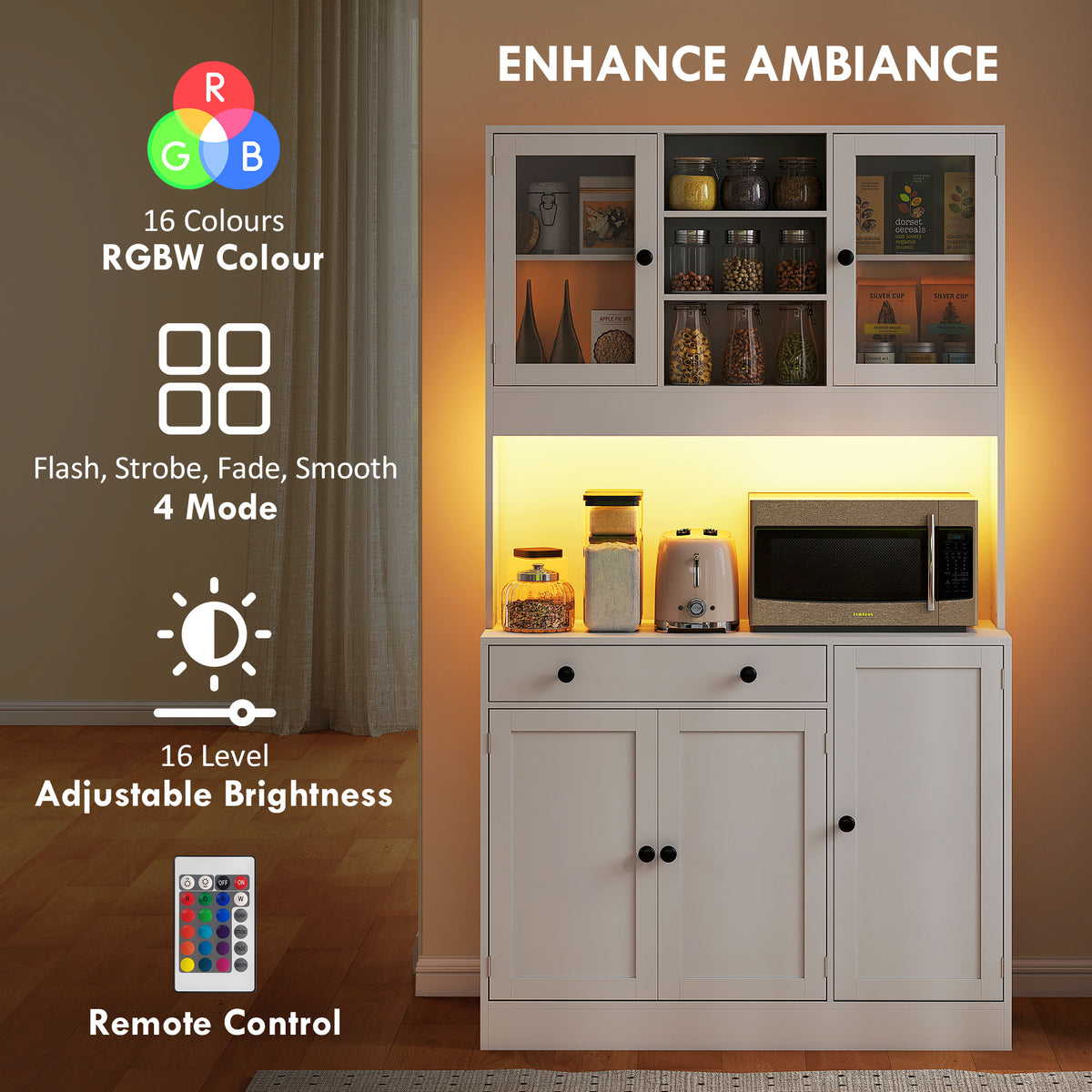 Tall Kitchen Pantry with LED Light, Freestanding Storage Cabinet with Hutch, Shelves, Drawer, Doors, White